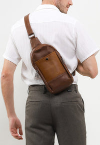 Distressed Leather Commuter Slingbag - Camel