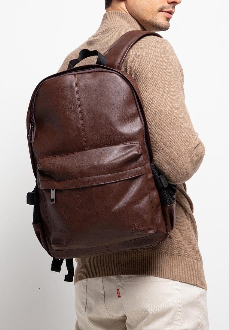 Distressed Leather Mesh Backpack - Dark Brown