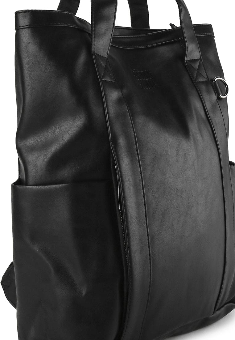 Distressed Leather Expedition Tote Backpack - Black