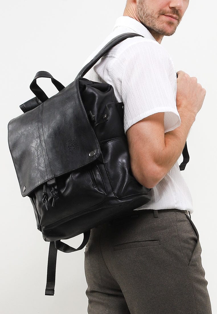 Pu Pocket Flap Large Backpack - Black