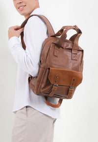 Distressed Leather Carry Backpack - Camel