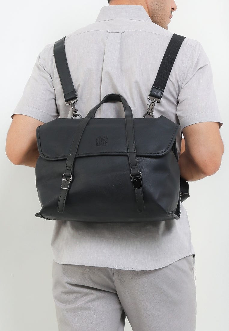 Distressed Leather Atlas Convertible Messenger Backpack - Black