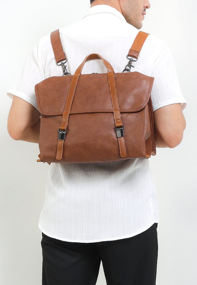 Distressed Leather Atlas Convertible Messenger Backpack - Camel