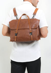 Distressed Leather Atlas Convertible Messenger Backpack - Camel