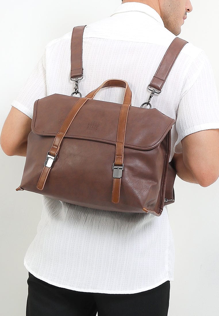 Distressed Leather Atlas Convertible Messenger Backpack - Dark Brown