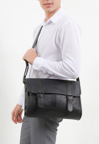 Distressed Leather Relay Messenger Bag - Black