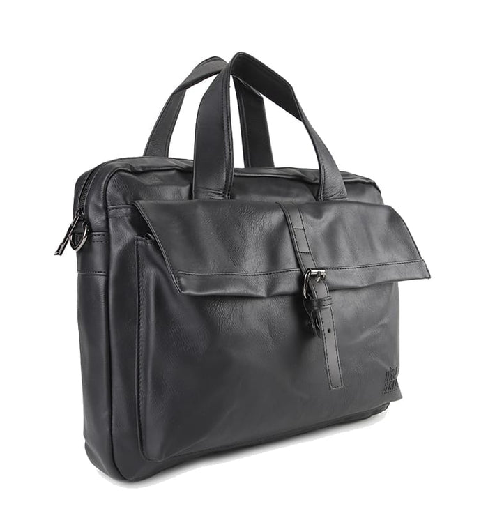 Distressed Leather Executive Brief Messenger Bag - Black