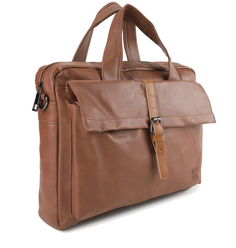 Distressed Leather Executive Brief Messenger Bag - Camel