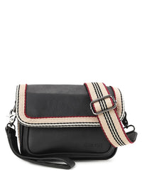 Distressed Leather Flap Trim Crossbody Bag - Black