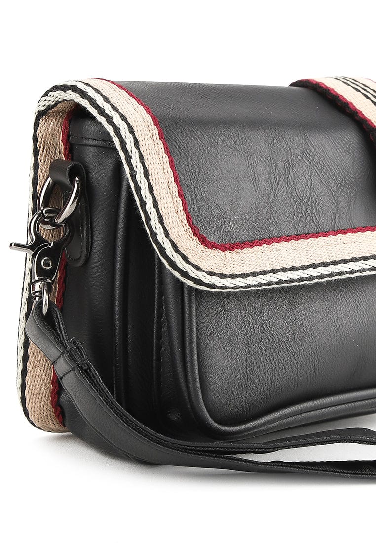 Distressed Leather Flap Trim Crossbody Bag - Black