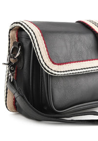 Distressed Leather Flap Trim Crossbody Bag - Black
