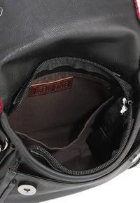 Distressed Leather Flap Trim Crossbody Bag - Black