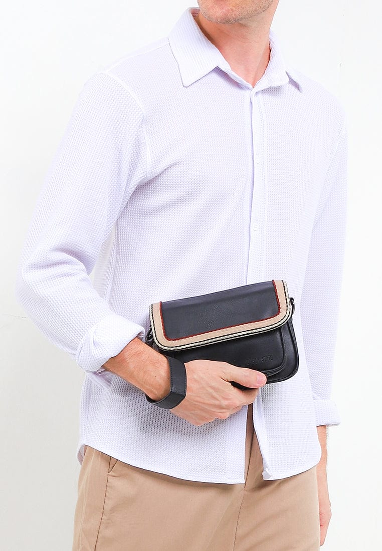 Distressed Leather Flap Trim Crossbody Bag - Black