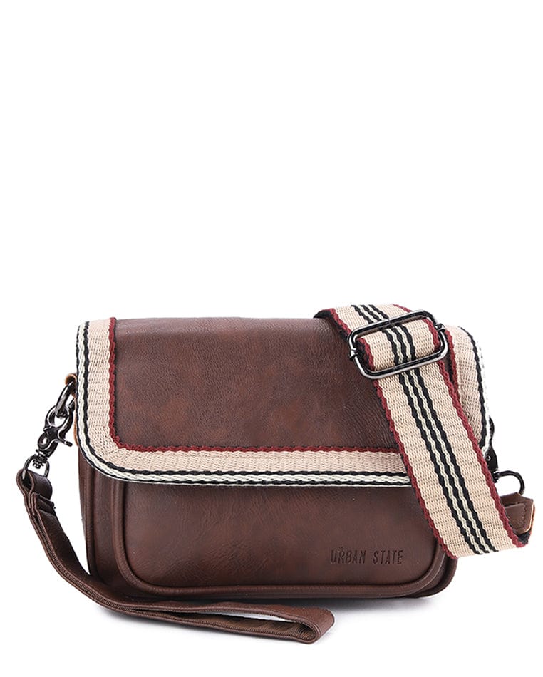 Distressed Leather Flap Trim Crossbody Bag - Dark Brown
