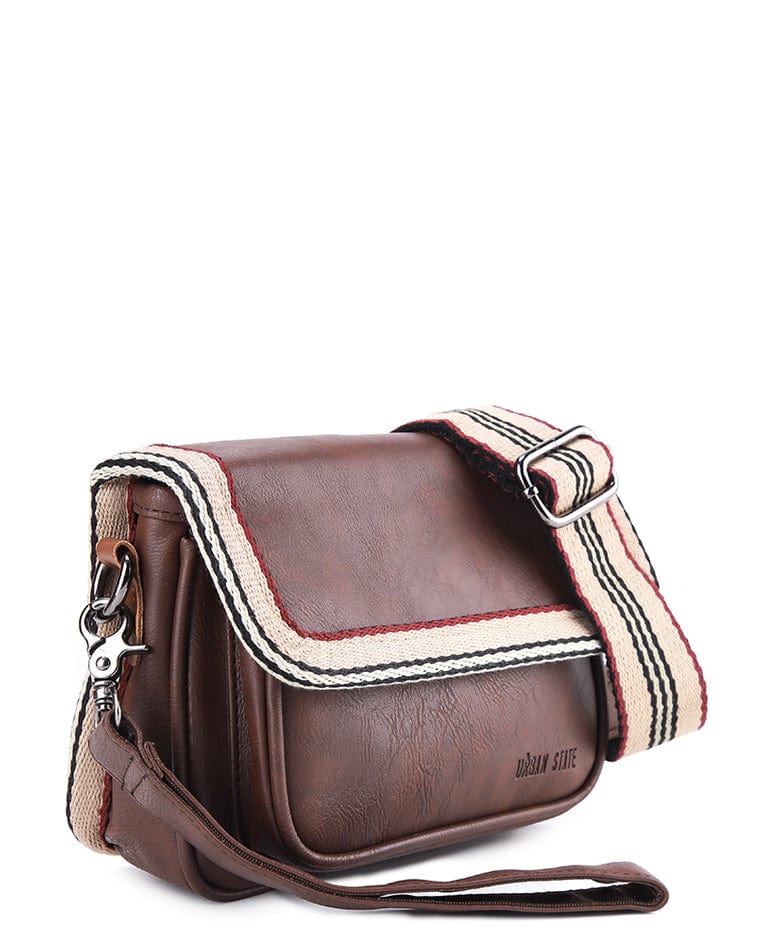 Distressed Leather Flap Trim Crossbody Bag - Dark Brown