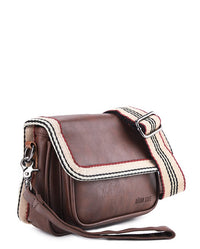 Distressed Leather Flap Trim Crossbody Bag - Dark Brown