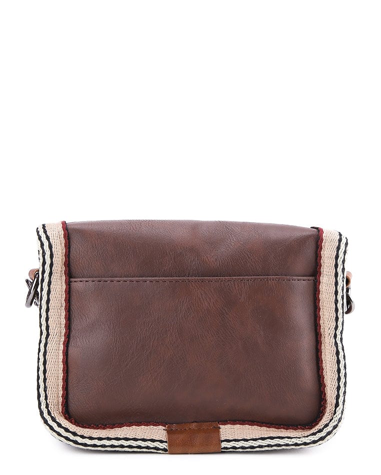 Distressed Leather Flap Trim Crossbody Bag - Dark Brown