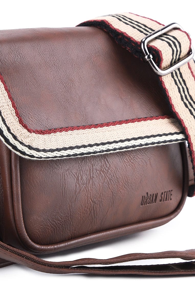 Distressed Leather Flap Trim Crossbody Bag - Dark Brown