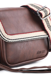 Distressed Leather Flap Trim Crossbody Bag - Dark Brown