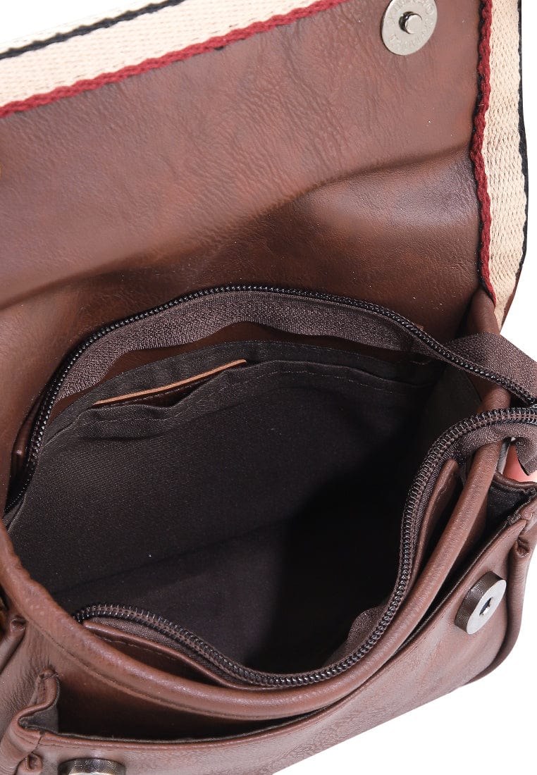 Distressed Leather Flap Trim Crossbody Bag - Dark Brown