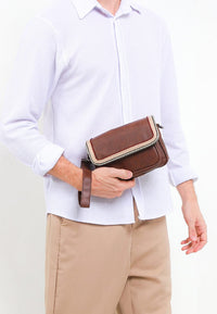 Distressed Leather Flap Trim Crossbody Bag - Dark Brown