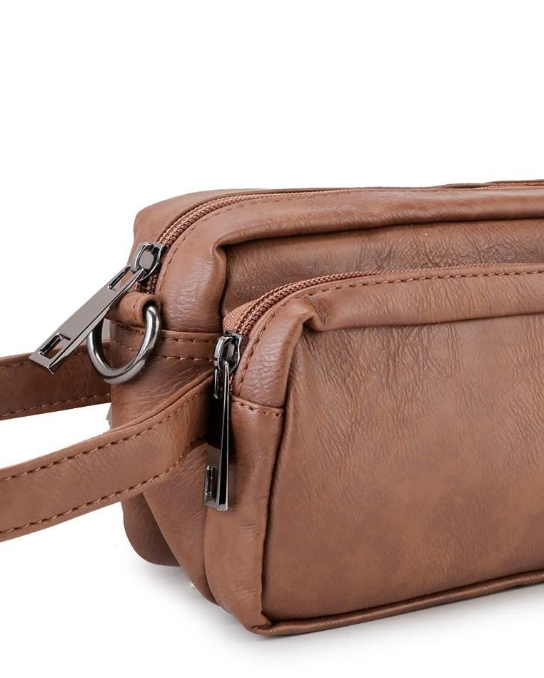 Distressed Leather Flight Crossbody Pouch - Camel