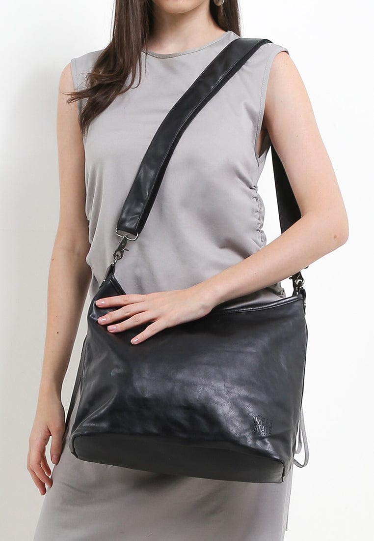 Distressed Leather Hobo Small Crossbody Bag - Black