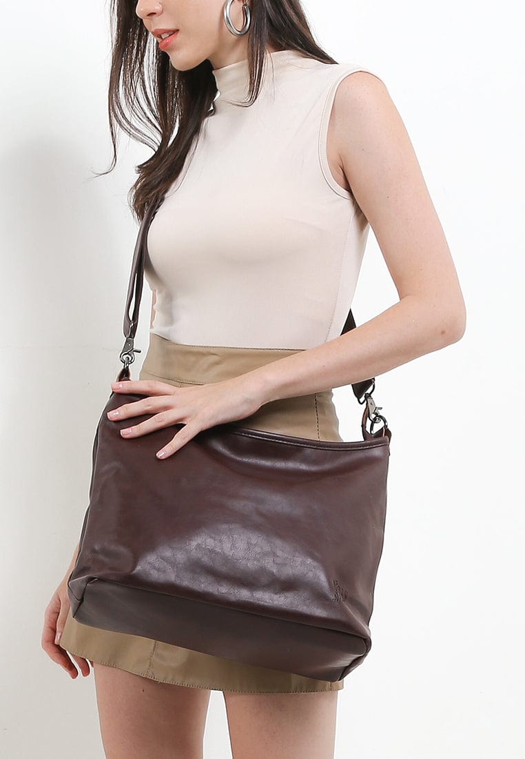 Distressed Leather Hobo Small Crossbody Bag - Dark Brown