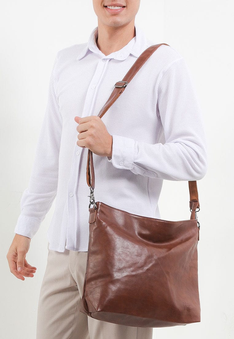 Distressed Leather Hobo Medium Crossbody Bag - Camel