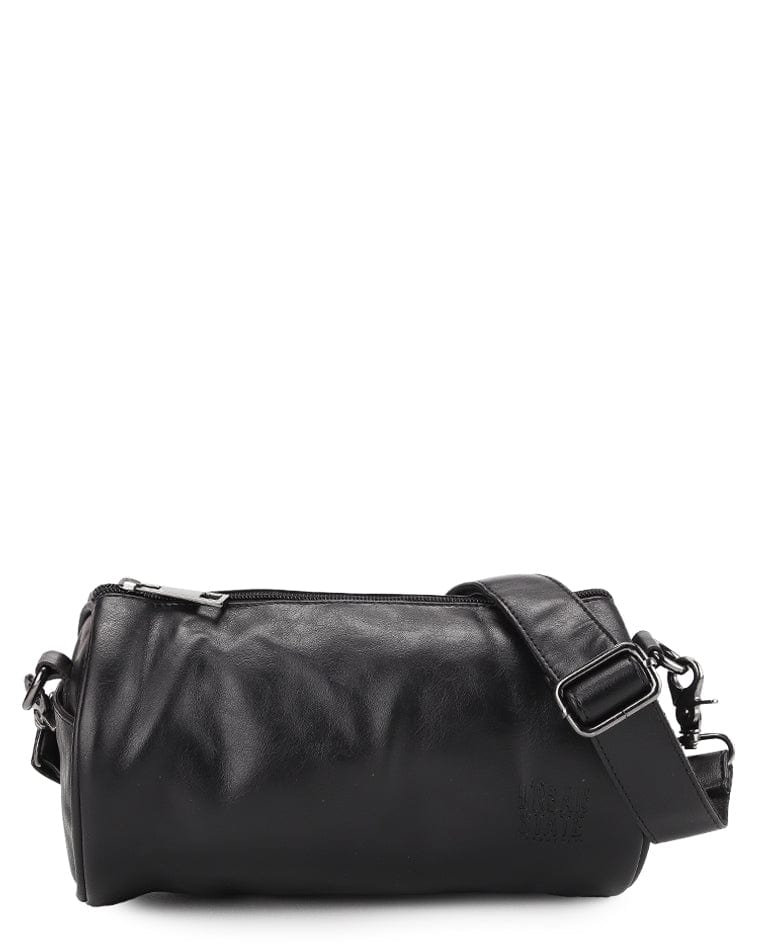 Distressed Leather Drum Crossbody Bag - Black