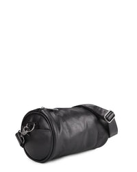 Distressed Leather Drum Crossbody Bag - Black