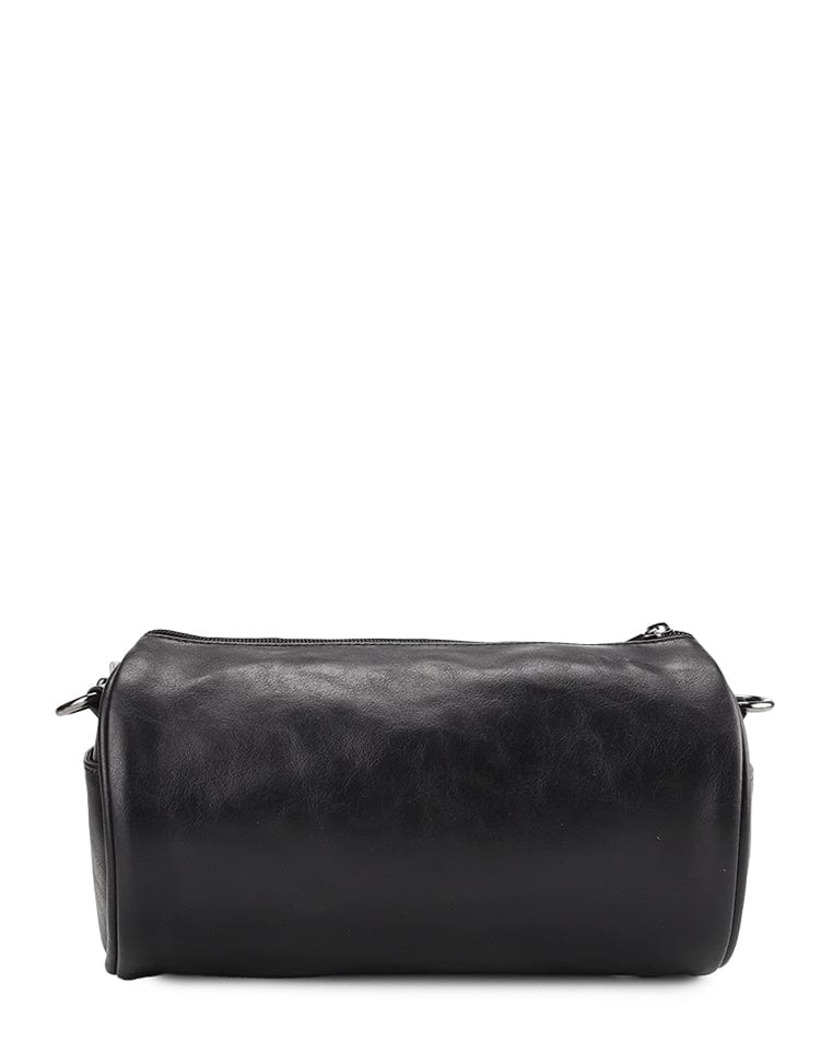 Distressed Leather Drum Crossbody Bag - Black