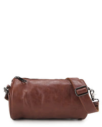 Distressed Leather Drum Crossbody Bag - Camel