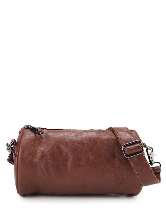 Distressed Leather Drum Crossbody Bag - Camel