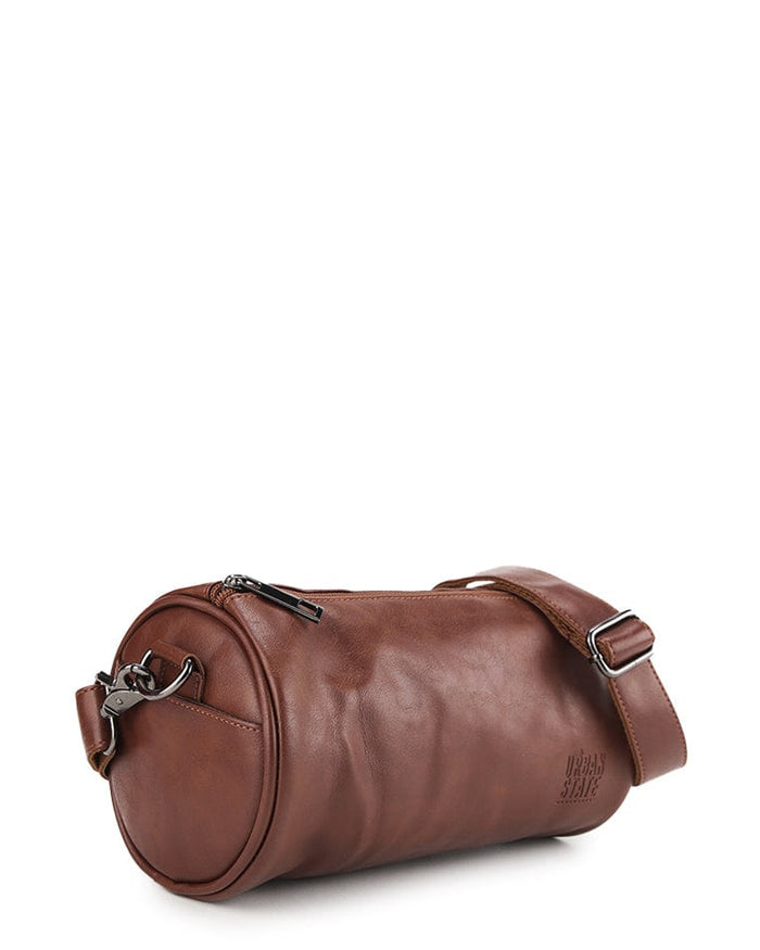 Distressed Leather Drum Crossbody Bag - Camel