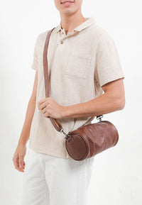 Distressed Leather Drum Crossbody Bag - Camel