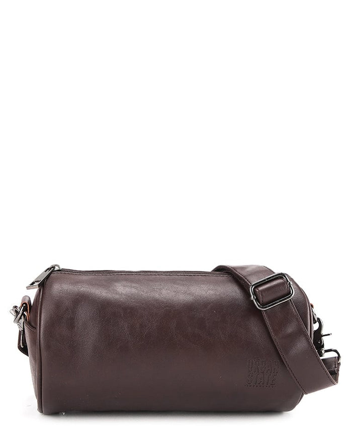 Distressed Leather Drum Crossbody Bag - Dark Brown