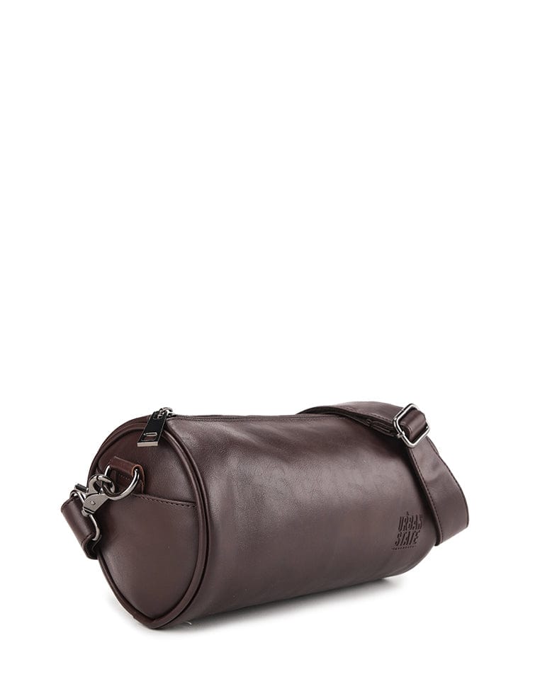 Distressed Leather Drum Crossbody Bag - Dark Brown