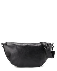 Distressed Leather Crescent Crossbody Bag - Black