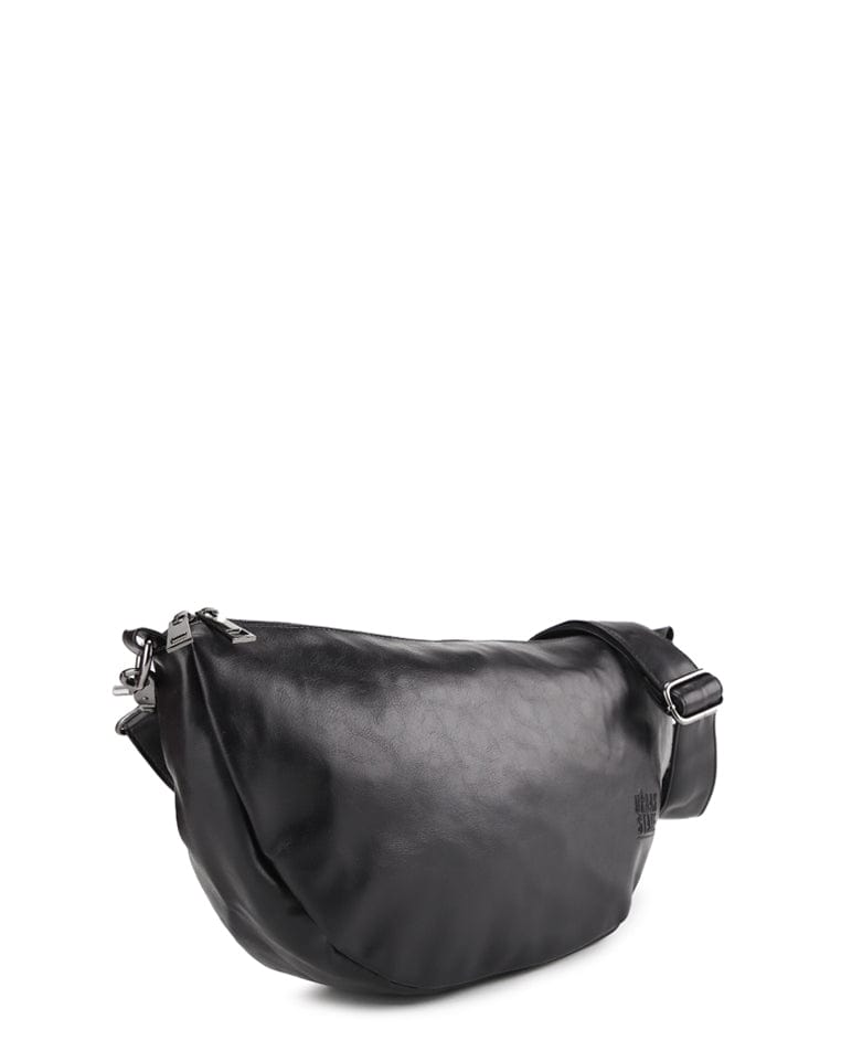 Distressed Leather Crescent Crossbody Bag - Black