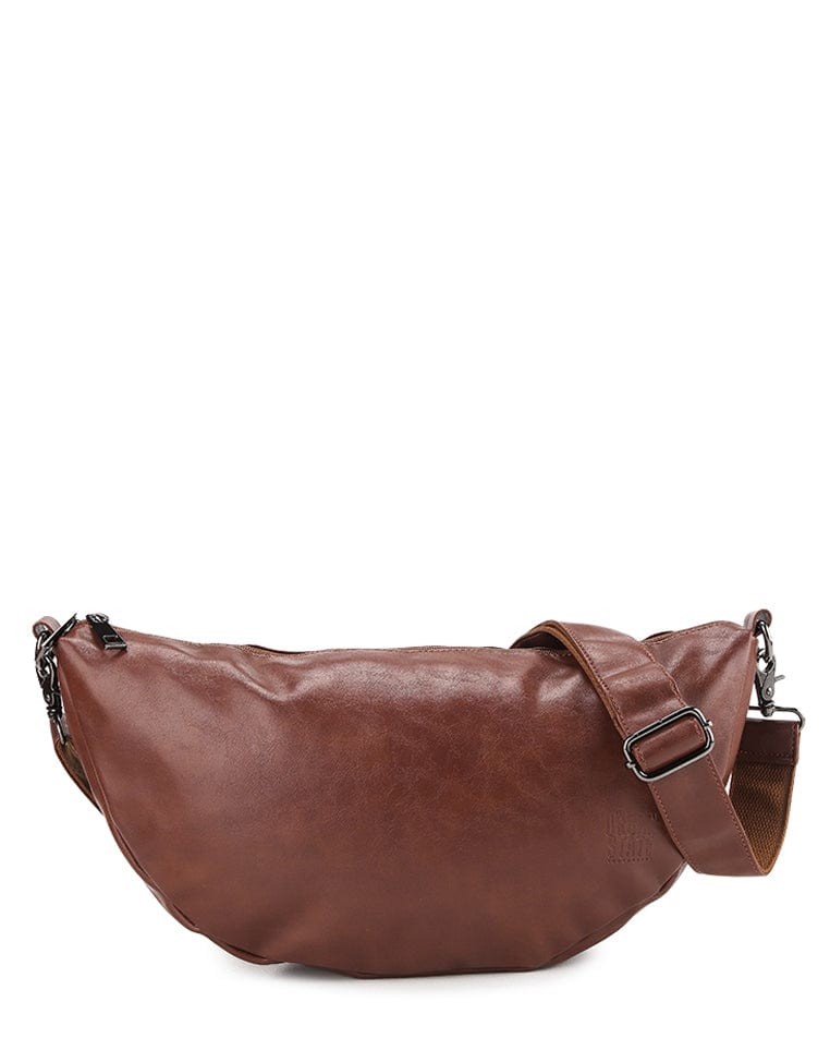 Distressed Leather Crescent Crossbody Bag - Camel