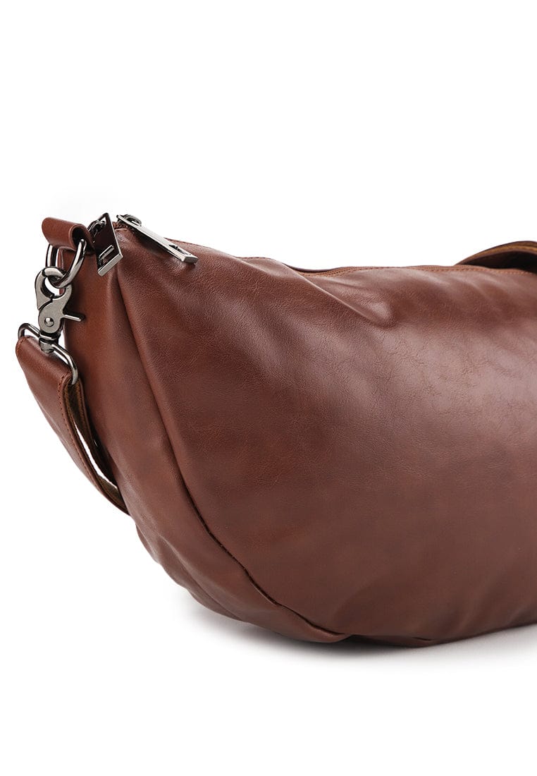 Distressed Leather Crescent Crossbody Bag - Camel