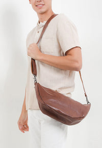 Distressed Leather Crescent Crossbody Bag - Camel