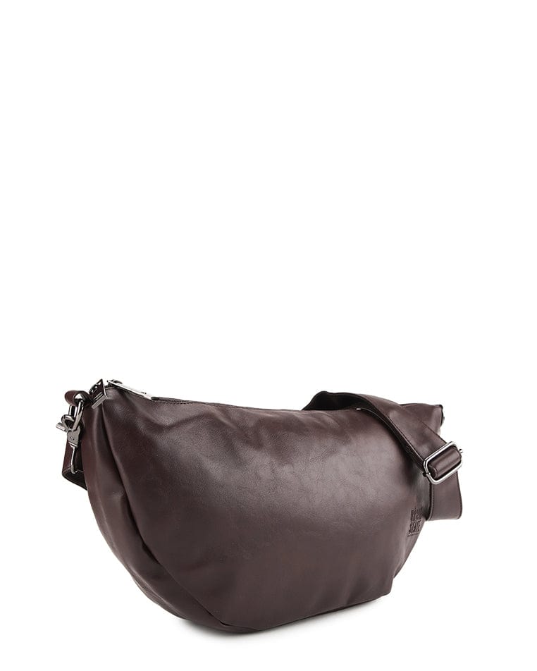 Distressed Leather Crescent Crossbody Bag - Dark Brown