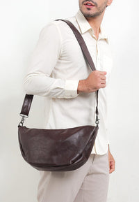 Distressed Leather Crescent Crossbody Bag - Dark Brown