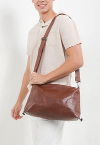 Distressed Leather Carry Crossbody Bag - Camel