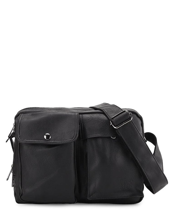 Distressed Leather Track Crossbody Bag - Black