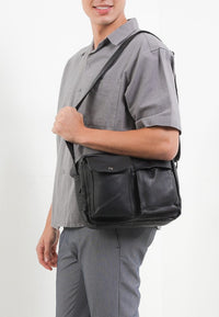 Distressed Leather Track Crossbody Bag - Black