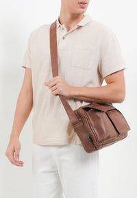 Distressed Leather Track Crossbody Bag - Camel