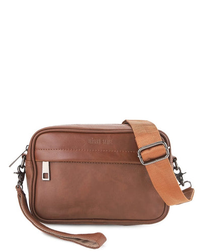 Distressed Leather Zipper Crossbody Bag - Camel